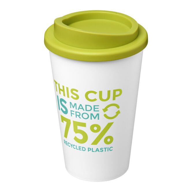 Firmengeschenk Becher Americano Eco 350ml – weiss-limone – mit Werbedruck 100% recyceltes PP Made in UK nachhaltiges Trinkgefäß