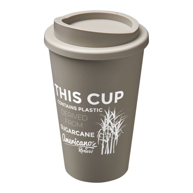 Premium-Werbeartikel Isolierbecher Americano Renew – kieselgrau – mit individuellem Werbedruck 350ml 25% Zuckerrohr nachhaltige Mehrwegflasche
