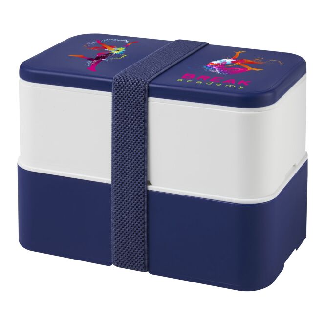 Werbeartikel MIYO Doppel-Lunchbox mit Logodruck – Blau-Weiss-Blau – bpa-freie Verpflegungsbox für das Büro