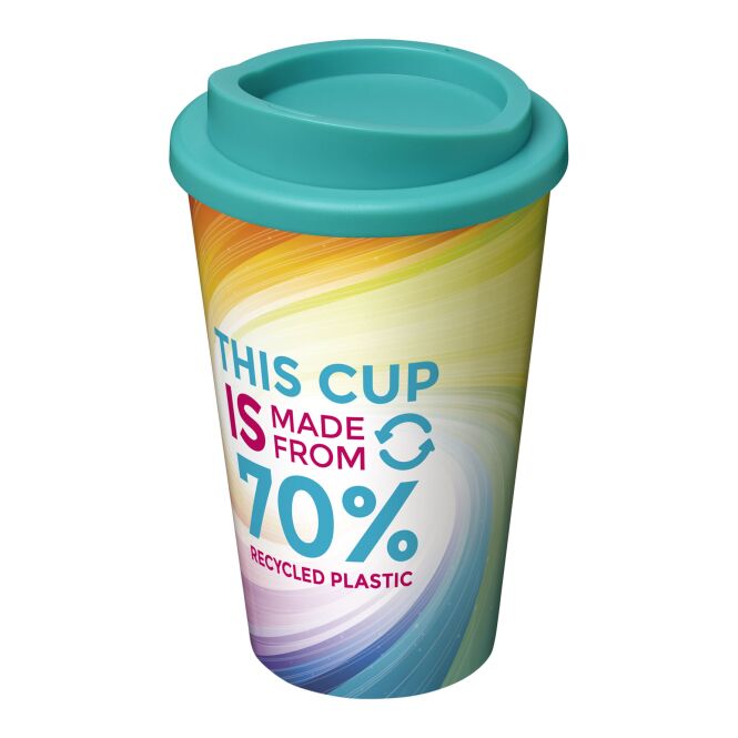 Firmengeschenk Trinkbecher Brite-Americano® Eco – aquablau – mit individuellem Werbedruck 350ml 70% recyceltes Material made in UK nachhaltige