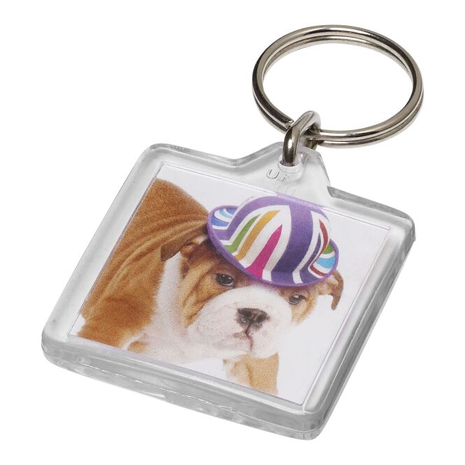 Werbeartikel Vial quadratischer Schlüsselanhänger mit Logodruck – Weiss – flaches Werbegeschenk für Mailings und Messen