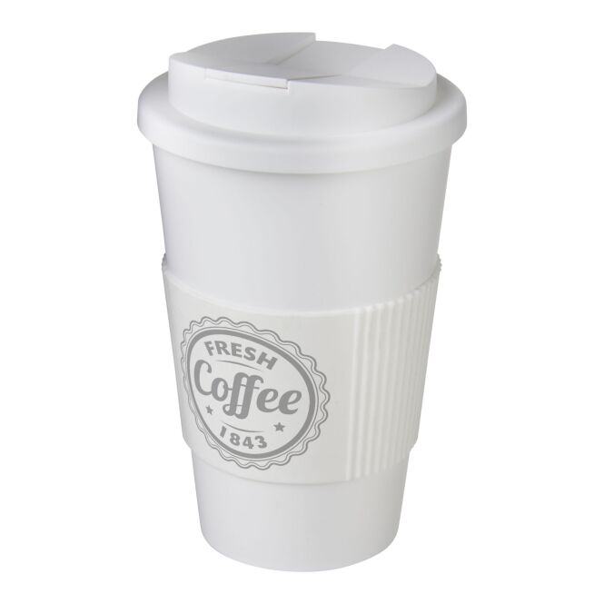 Firmengeschenk Americano 350 ml Isolierbecher mit Logodruck – Weiss – auslaufsicheres Trinkgefäß für Büro und Konferenzen
