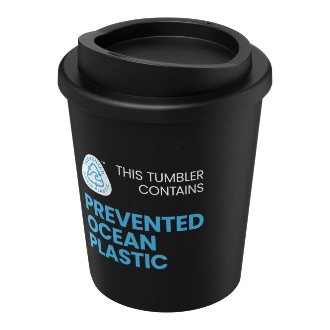 Werbeartikel Americano Espresso POP 250 ml mit Logodruck – Schwarz – doppelwandiger Isolierbecher aus recyceltem Kunststoff für Büro und Business