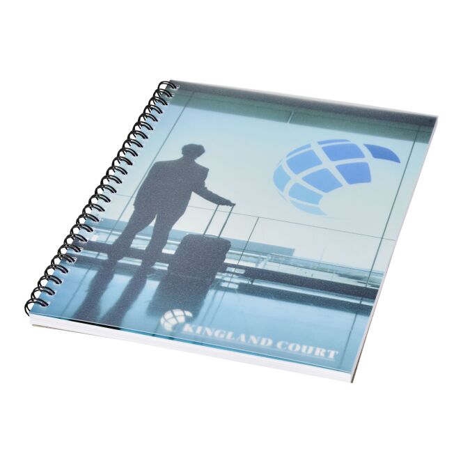 Kundengeschenk Notizbuch Desk-Mate A5 Wire-O – weiss-schwarz – mit Logo bedruckt 50 Seiten für die Büroausstattung