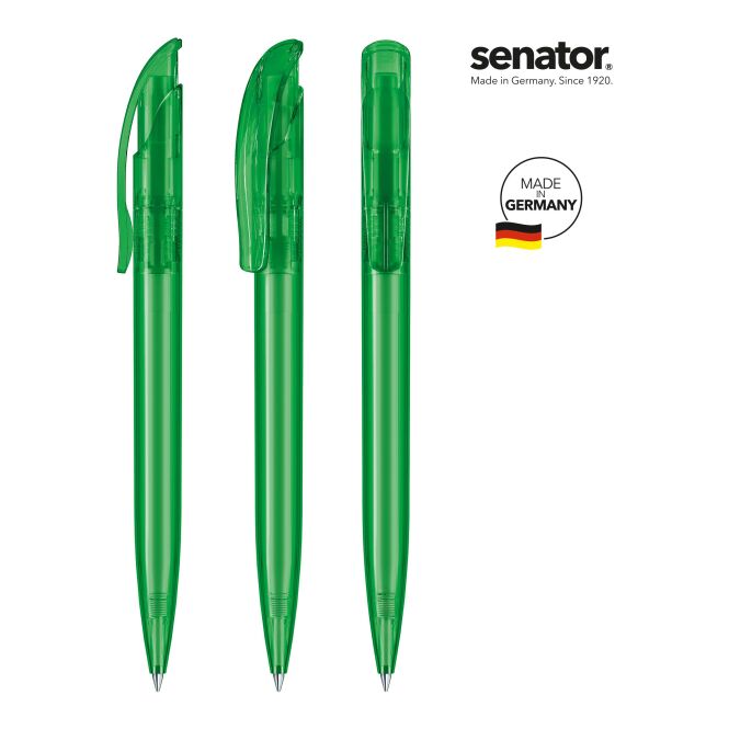 Werbeartikel senator Challenger Clear – grün – mit Logo bedruckt Druckkugelschreiber schwarz schreibend für die Büroausstattung