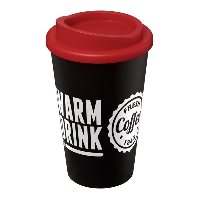 Werbeartikel Thermobecher Americano® – rot-schwarz – mit Logo bedruckt 350 ml nachhaltig für die Büroküche