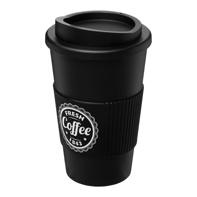 Firmengeschenk Isolierbecher Americano – schwarz – mit Logodruck 350ml doppelwandig 100% recycelbar Made in UK nachhaltiges Trinkgefäß