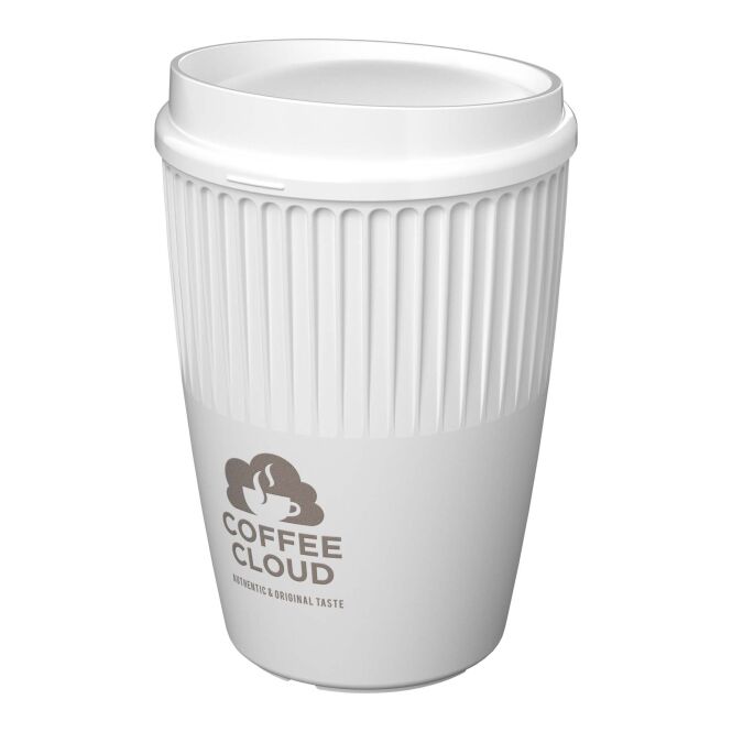 Werbeartikel Cirrus POP 350 ml Becher mit Logodruck – Weiß – nachhaltiger Kaffeebecher aus recyceltem Kunststoff für Büro und Catering