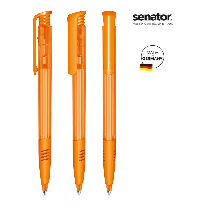 Streuartikel Druckkugelschreiber senator Super Hit Clear – orange – mit Logo bedruckt, blau schreibend für den Büroalltag