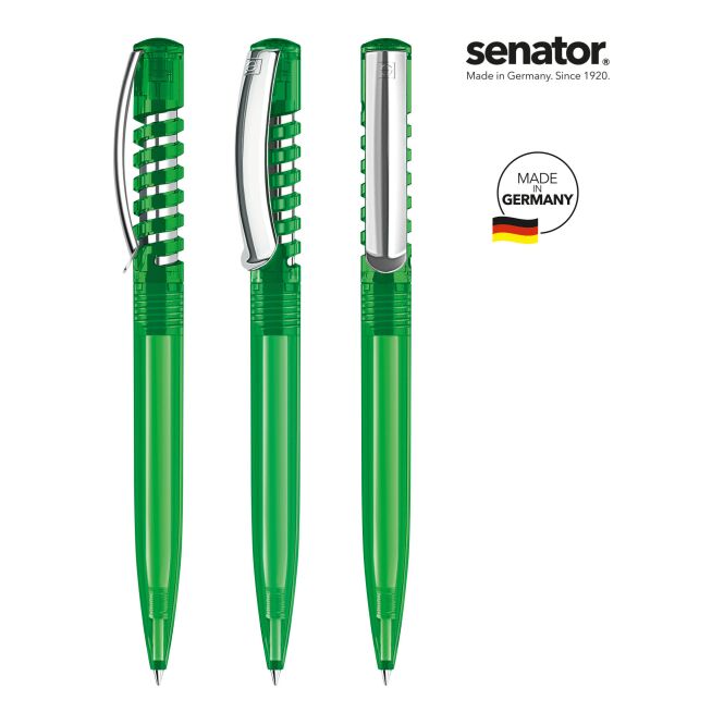 Werbeartikel Senator New Spring Clear MC – grün – mit Logo bedruckt Druckkugelschreiber blau schreibend für den Büroalltag