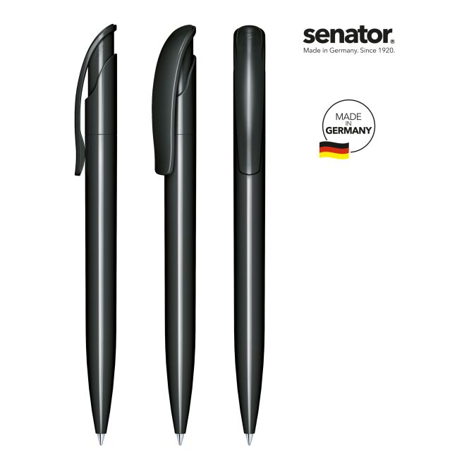 Kundengeschenk senator Challenger Polished Druckkugelschreiber – schwarz – mit Logo bedruckt, blau schreibend für den Büroalltag