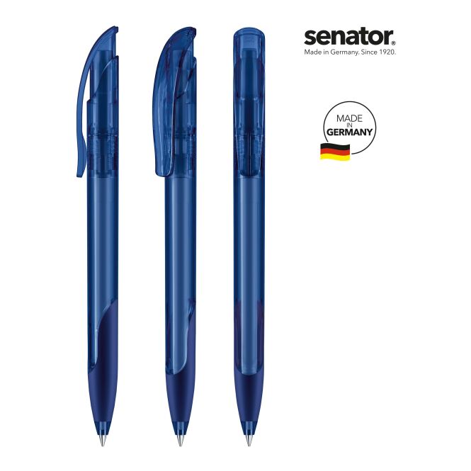 Werbeartikel senator Challenger Clear SG – marineblau – mit logo bedruckt Druckkugelschreiber blau schreibend für den büroalltag