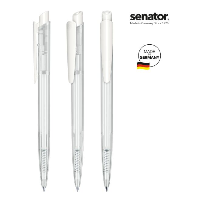 Streuartikel Druckkugelschreiber senator Dart Clear – weiß – mit Logo bedruckt, blau schreibend, für den Büroalltag