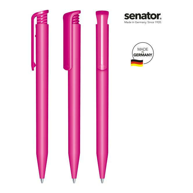 Werbeartikel senator Super Hit Matt Druckkugelschreiber – pink – mit Logo bedruckt, blau schreibend für den Büroalltag