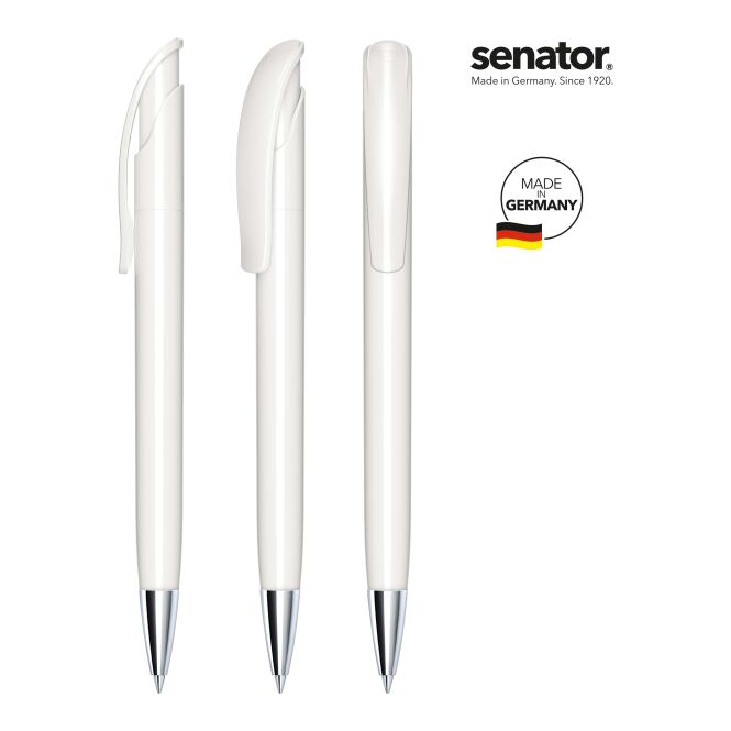 Kundengeschenk senator Challenger Polished Metallspitze – weiß – mit Logo bedruckt, Druckkugelschreiber blau schreibend für den Büroalltag