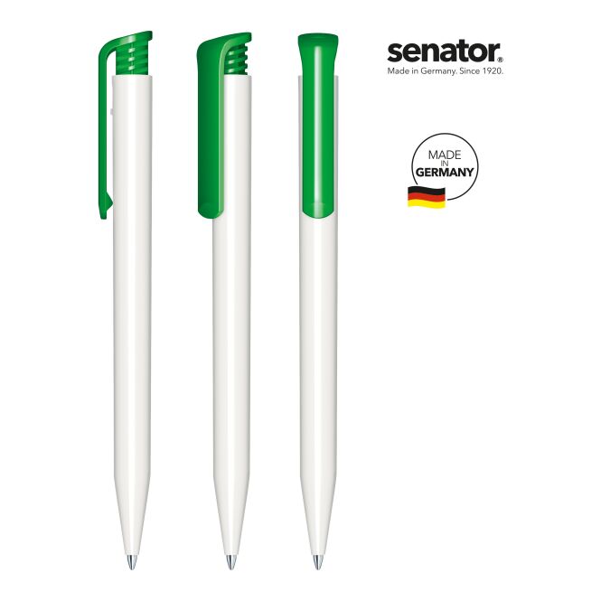 Streuartikel senator Super Hit Polished Basic – weiß-grün – mit Logo bedruckt, schwarz schreibend, Druckkugelschreiber als Messe-Giveaway
