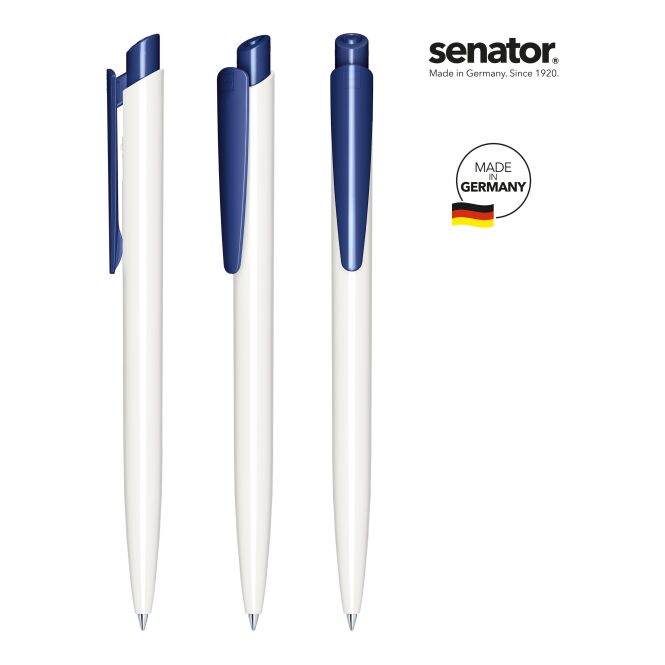 Streuartikel Senator Dart Basic Druckkugelschreiber – weiß-marineblau – mit Logo bedruckt, schwarz schreibend für den Büroalltag