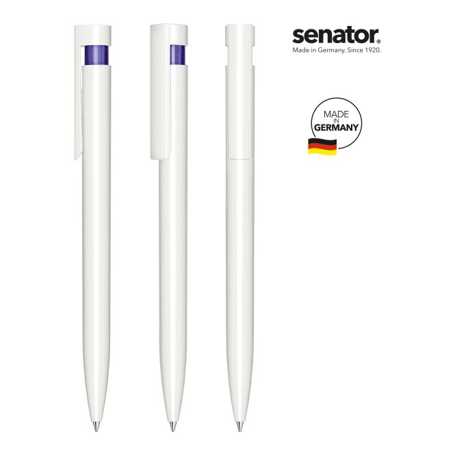 Werbeartikel Senator Liberty Basic Druckkugelschreiber – weiß-violett – mit Logo bedruckt schwarz schreibend für den Büroalltag