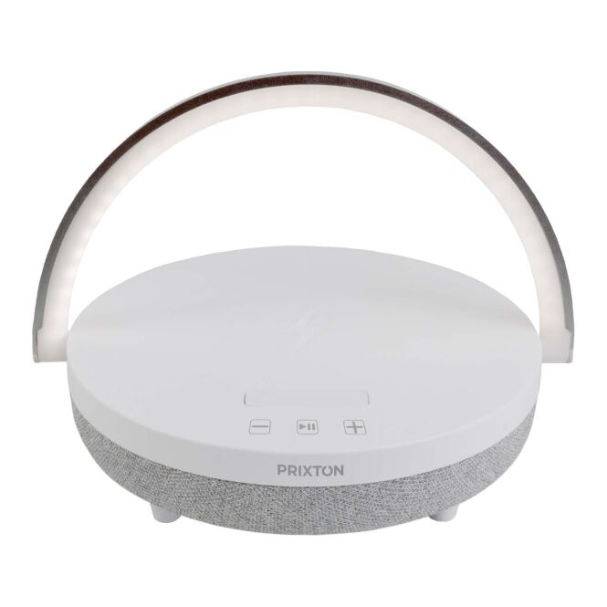 Firmengeschenk Bluetooth Lautsprecher Prixton 10W – weiss – mit Logo bedruckt 48h Express-Druck mit kabelloser Ladestation für das Homeoffice