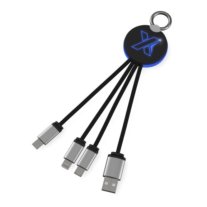 Werbeartikel SCX.design C16 3-in-1 Ladekabel – blau-schwarz – mit Logo bedruckt 48h Express-Druck nachhaltig aus recyceltem PET für den Büroalltag