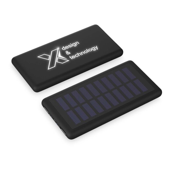 Premium-Werbegeschenk SCX.design P30 8000 mAh mit Express-Gravur – Schwarz – leistungsstarke Solarpowerbank für Firmen & Marketing