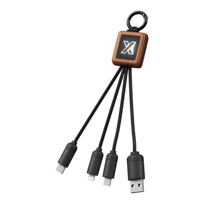 Werbeartikel 3-in-1 Kabel C19 mit Express-Gravur – Holz-Schwarz – Ladegerät für Firmen und Messen