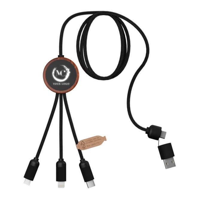 Werbeartikel SCX.design C37 3-in-1 Ladekabel mit Express-Gravur – Holz – rPET-Kabel mit Leuchtlogo für Büro und Geschäftsausstattung