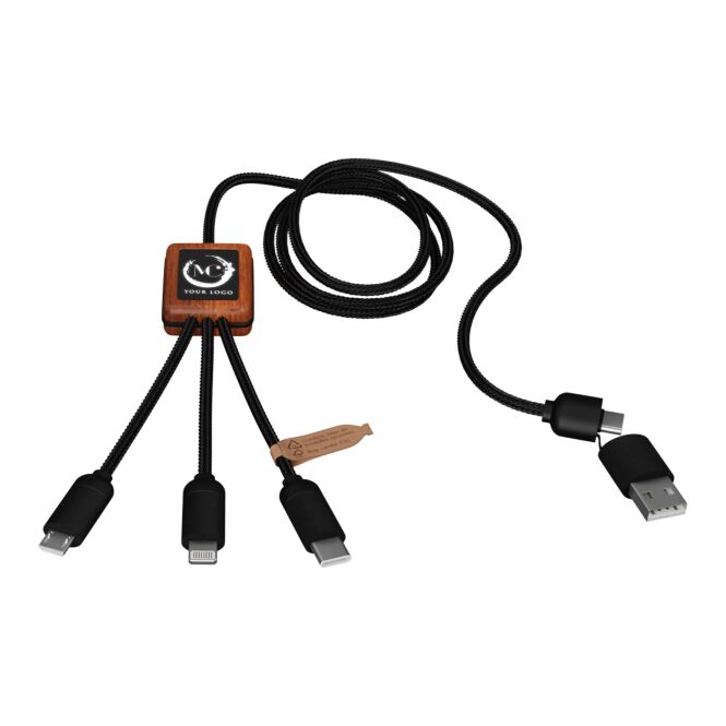 Werbeartikel SCX.design C38 5-in-1 Ladekabel – schwarz-holz – mit Logo bedruckt 48h Express-Druck nachhaltig 1m USB-C für den Büroalltag
