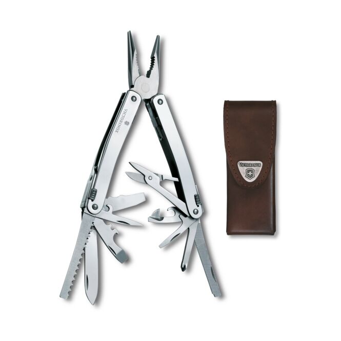 Firmengeschenk Swiss Tool Spirit X mit Logodruck – Braun – multifunktionales Multi-Tool für den professionellen Einsatz