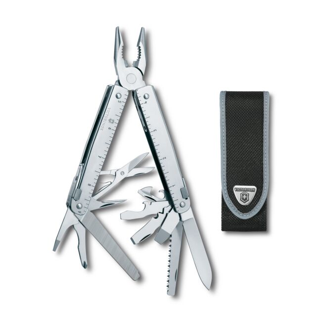 Firmengeschenk Victorinox Swiss Tool X mit Logodruck – multifunktionales Universalwerkzeug aus Stahl für Handwerk und Technik im Büro