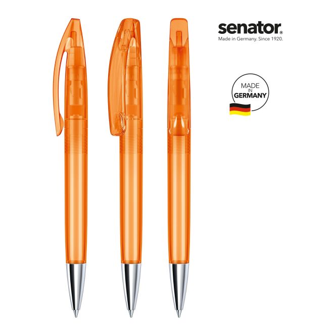 Werbeartikel Senator Bridge Clear MT Drehkugelschreiber – orange – mit Logo bedruckt schwarz schreibend für den Büroalltag