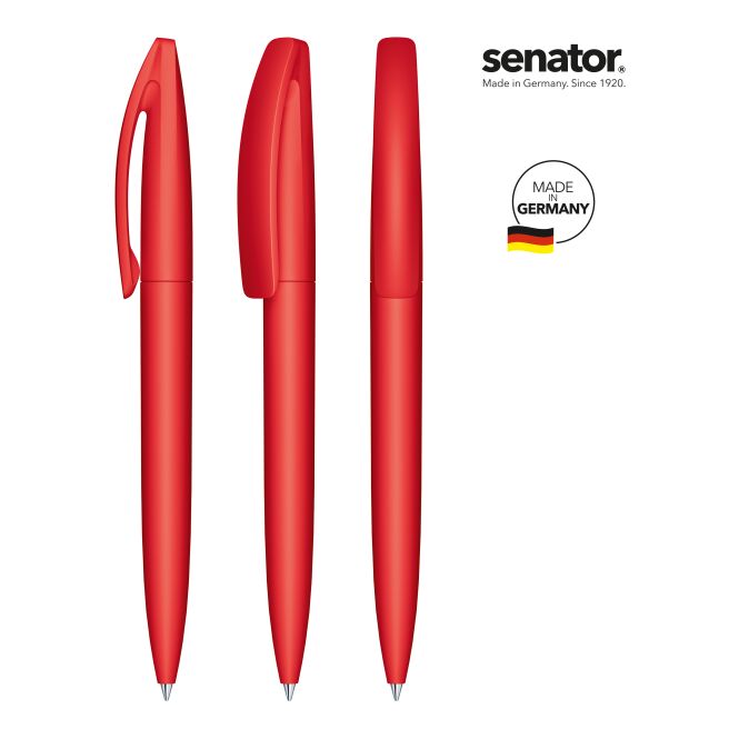 Werbegeschenk senator Bridge Soft Touch – rot – mit Logo bedruckt blau schreibender Drehkugelschreiber für den Büroalltag