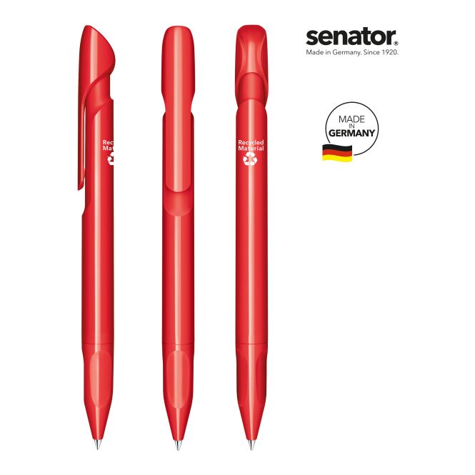 Firmengeschenk senator Evoxx Polished Recycled Druckkugelschreiber – rot – mit Logo bedruckt blau schreibend für den Büroalltag nachhaltig