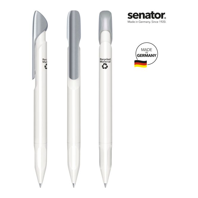 Werbeartikel Kugelschreiber senator Evoxx Recycled LC – silber – mit Logodruck 100% Recycling-Material 5000m Mine nachhaltiges Schreibgerät