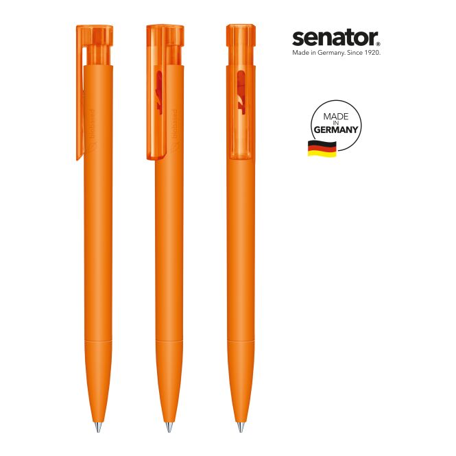 Werbeartikel senator Liberty Bio Druckkugelschreiber – orange – mit Logo bedruckt, nachhaltig, blau schreibend, für den Büroalltag