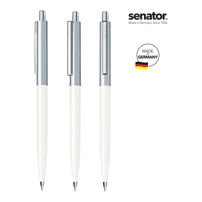 Premium-Werbeartikel senator Point Metal Druckkugelschreiber – weiß – mit Gravur blau schreibend für den Büroalltag