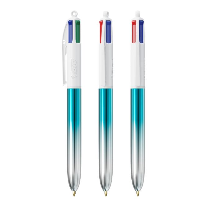 Firmengeschenk BIC® 4 Colours® Bicolor – metallic – mit Logo bedruckt, 4-Farben-Druckkugelschreiber für den Büroalltag