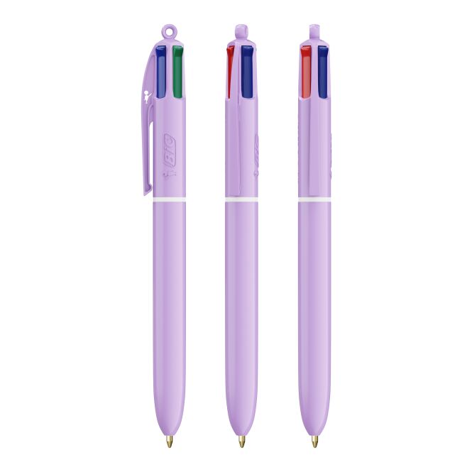 Streuartikel BIC® 4 Colours® Pastel – pastelllila – mit Logo bedruckt, 4-Farben-Druckkugelschreiber blau schwarz rot grün für den Büroalltag