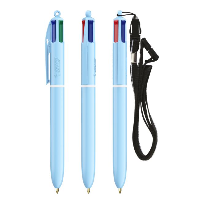 Firmengeschenk Kugelschreiber BIC 4 Colours Pastel – hellblau – mit Logo bedruckt 8000m Schreiblänge Multifunktionsstift