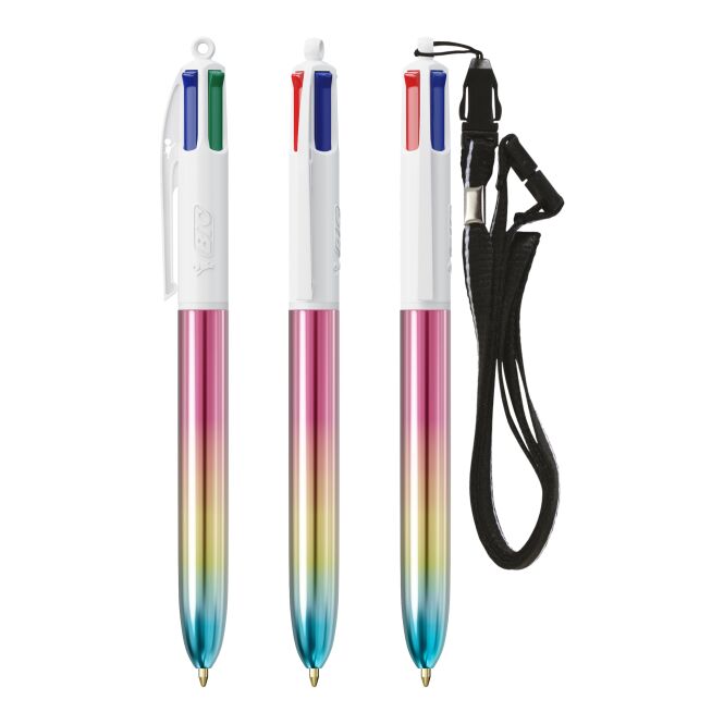 Werbeartikel BIC 4 Colours Gradient mit Umhängeband – mehrfarbig – mit Logo bedruckbar, blau/schwarz/rot/grün schreibend für Konferenzen