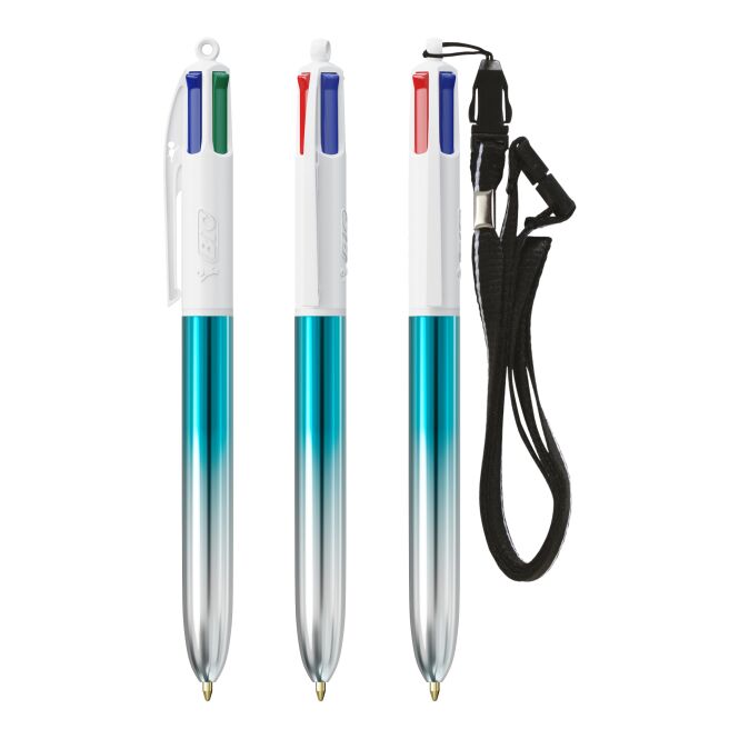 Werbeartikel BIC® 4 Colours® Bicolor + Lanyard – türkis – mit Logo bedruckt, 4-farbige Mine, ideal als Messe-Giveaway