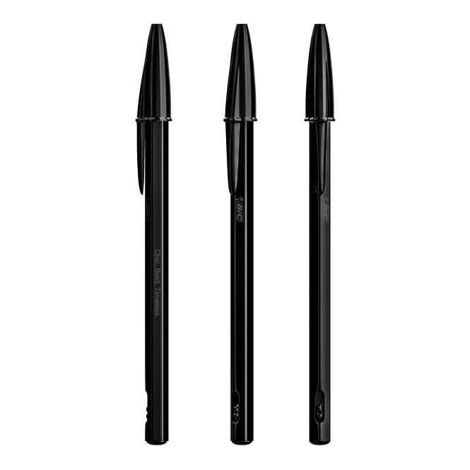 Firmengeschenk BIC® Cristal® Re'New™ – schwarz – mit Logo bedruckt, nachfüllbarer Metall-Kugelschreiber, blau & schwarz schreibend für Konferenzen