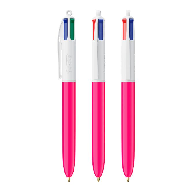 Werbeartikel BIC 4 Colours Kugelschreiber BritePix Digital – weiß/rosa – mit Logo bedruckt, 4-farbig schreibend, für den Büroalltag