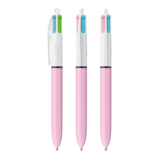 Werbeartikel BIC® 4 Colours Fashion Kugelschreiber – weiß-pastelllila – mit Logo bedruckt, 4 Schreibfarben für den Büroalltag