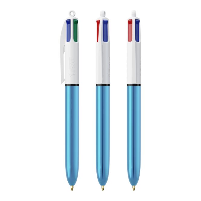 Firmengeschenk BIC® 4 Colours Shine – weiß-blaumetallic – mit Logo bedruckt, 4 Minen, Druckkugelschreiber für den Büroalltag
