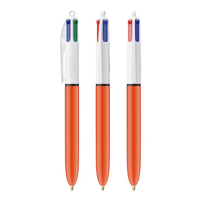 Werbeartikel BIC® 4 Colours Fine Kugelschreiber – mit Logo bedruckt – Weiß-orange