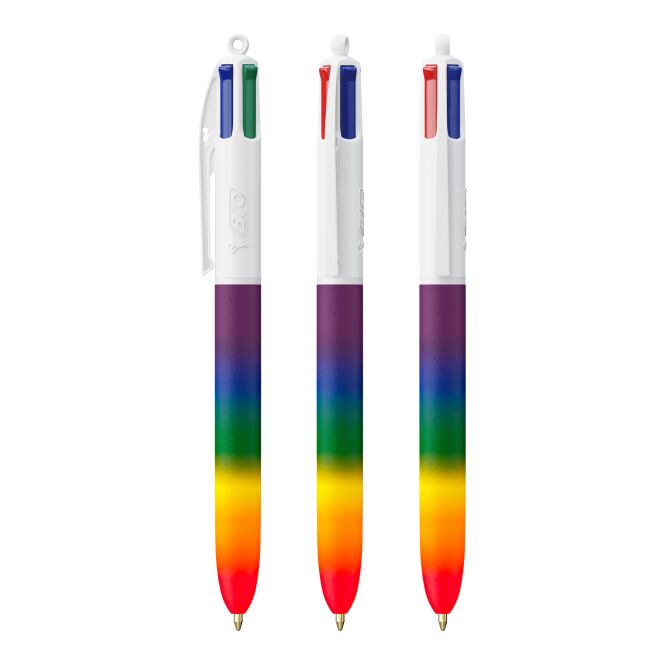 Werbeartikel BIC 4 Colours Rainbow Decor – bunt – mit Logo bedruckt, 4-farbig schreibend als nachhaltiges Messe-Giveaway