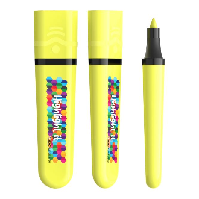 Werbeartikel Textmarker BIC® Highlighter Flat – gelb – mit Logo bedruckt für den Büroalltag mit zwei Spitzen 1,2 mm und 4,6 mm