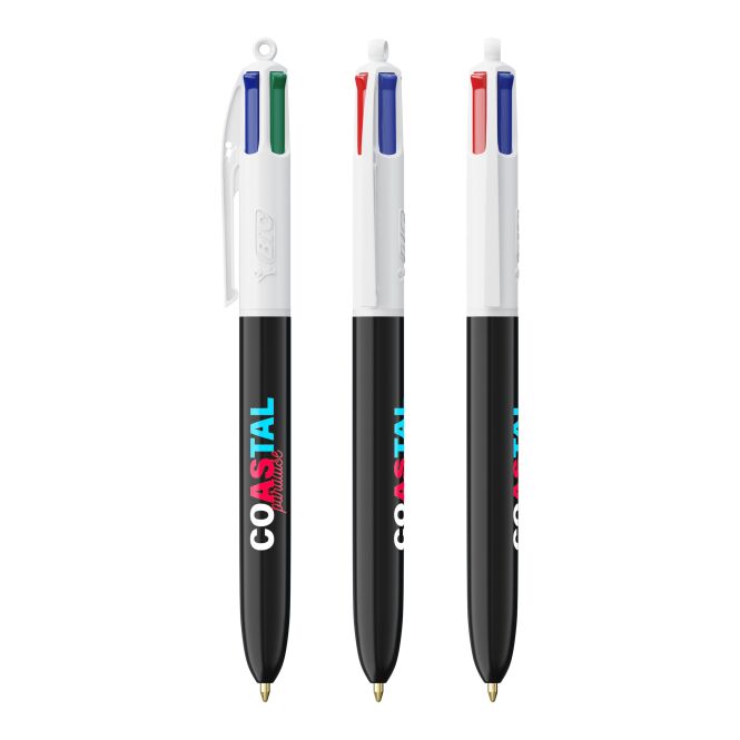 Werbeartikel BIC® 4 Colours® ECO – weiss-schwarz – mit Logo bedruckt als nachhaltiges Firmengeschenk für den Büroalltag