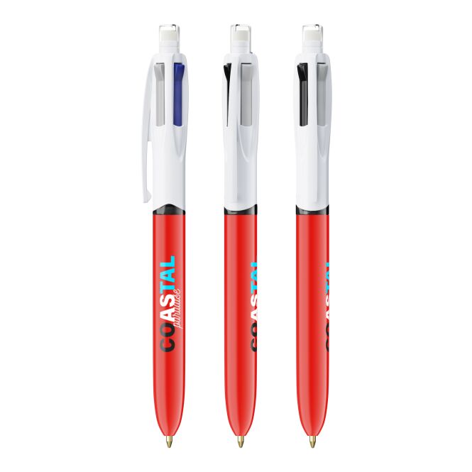 Werbeartikel BIC 4 Colours 3+1 Inspire – transparent rot – mit Logo bedruckt Mehrfarben-Druckkugelschreiber blau schwarz rot schreibend für den